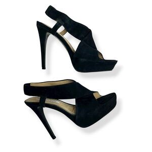 Diane Von Furstenberg Black Suede Slingback Strappy Platform Stiletto 8.5